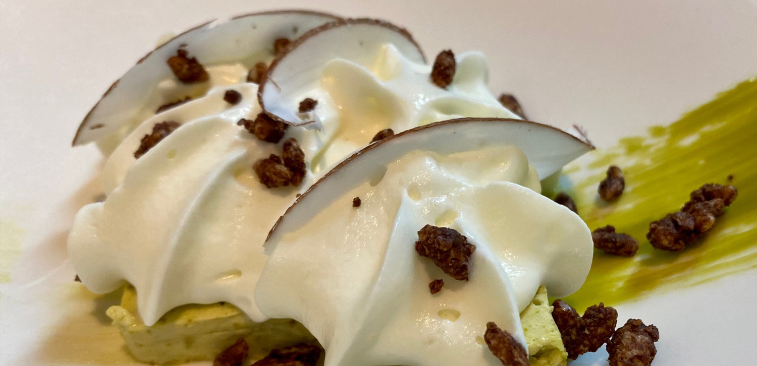 A gourmet dessert featuring a light, airy cream topped with coconut flakes and small caramelized nuts, served on a smooth green sauce.